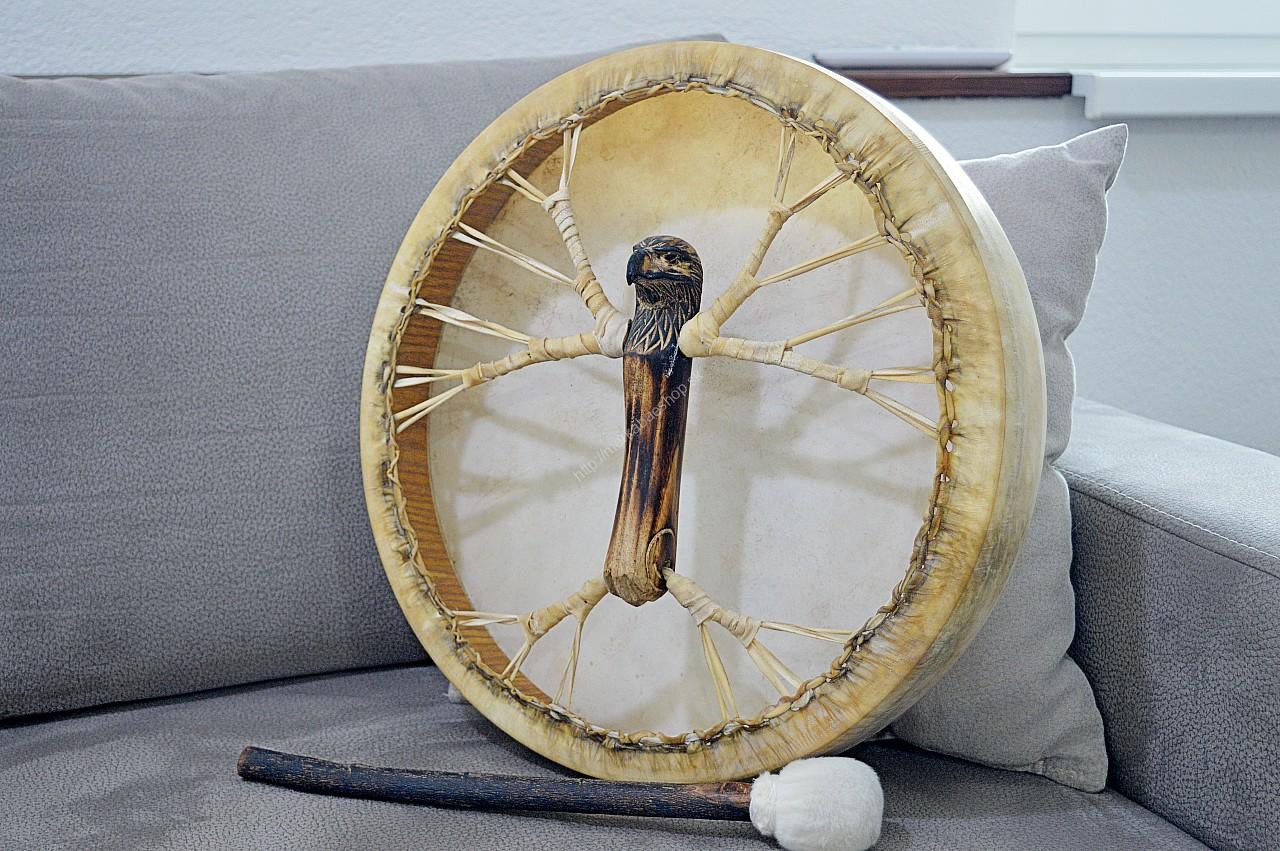 Šamanský BUBON DUCH ORLA - 40 cm- Kozia Koža, Akáciové Drevo - Laditeľný