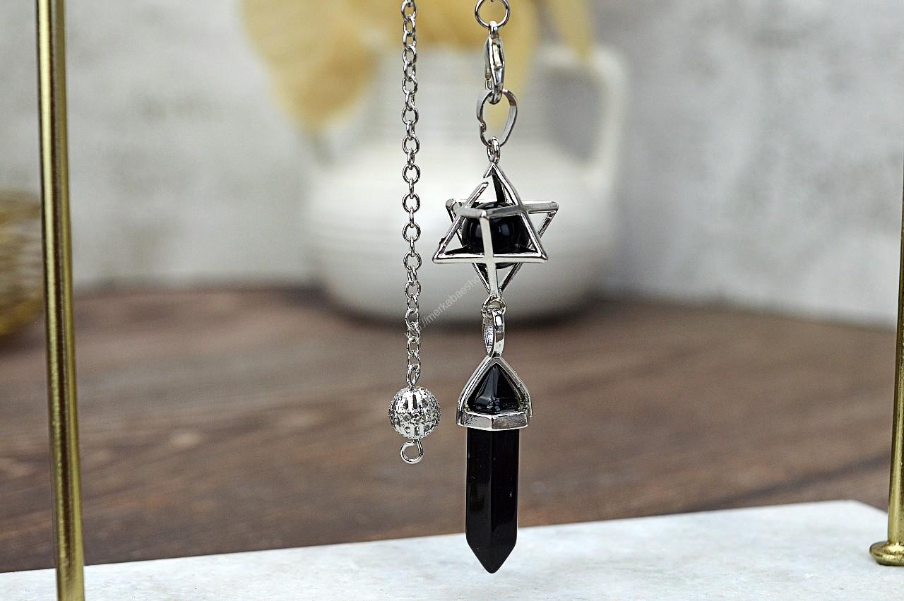 kyvadlo Merkaba ČIERNY OBSIDIÁN  s Obeliskom a Guľou