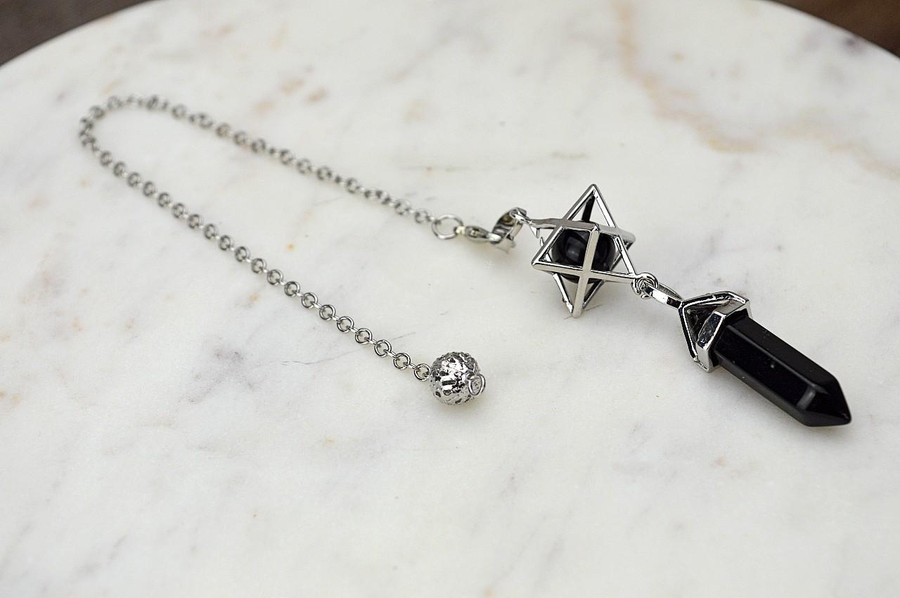 kyvadlo Merkaba ČIERNY OBSIDIÁN  s Obeliskom a Guľou – Obrázok 2