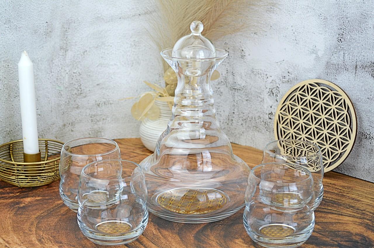 Harmonizačná Karafa + 4 poháre na vodu s 23,8 karátovým ZLATÝM KVETOM ŽIVOTA - Fibonacciho postupnosť 1,3l