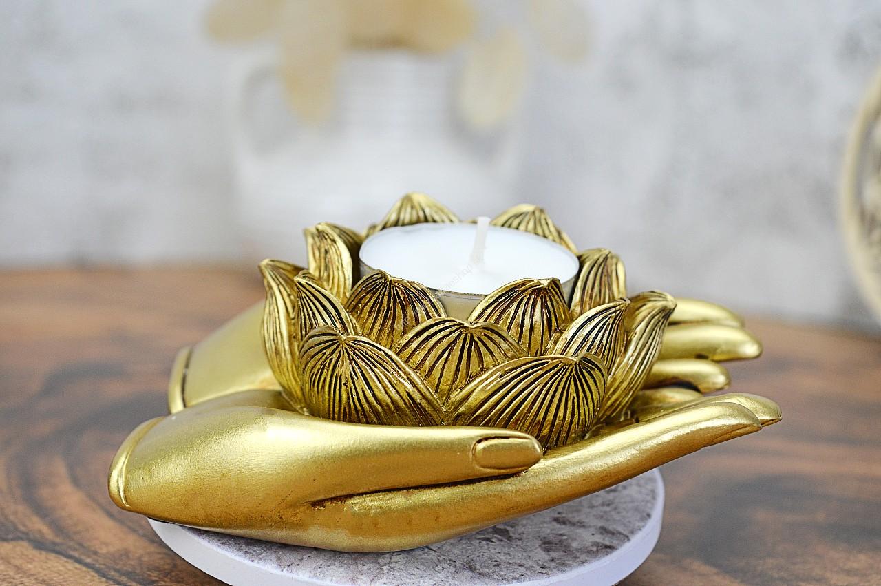 Zlatý svietnik RUKY a LOTOS - symbol Svetla, Pokoja a Duchovného Prebudenia