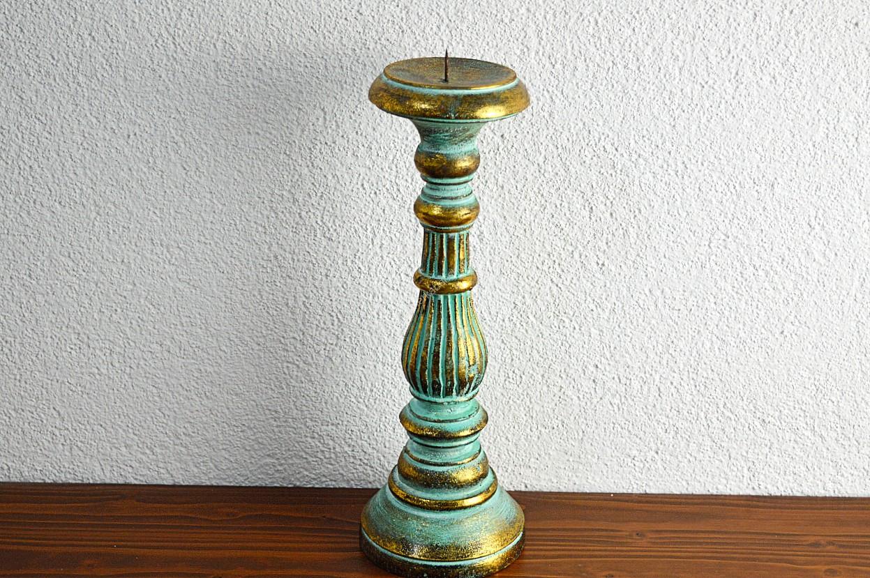 Zeleno-Zlatý Vintage Svietnik z dreva Albesia  - Veľkosti - 30/35cm – Obrázok 3