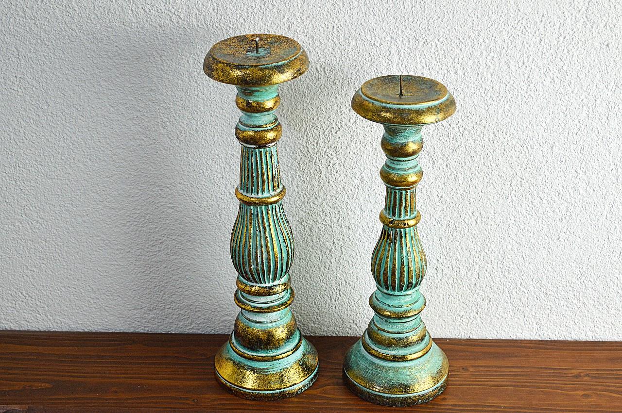 Zeleno-Zlatý Vintage Svietnik z dreva Albesia  - Veľkosti - 30/35cm