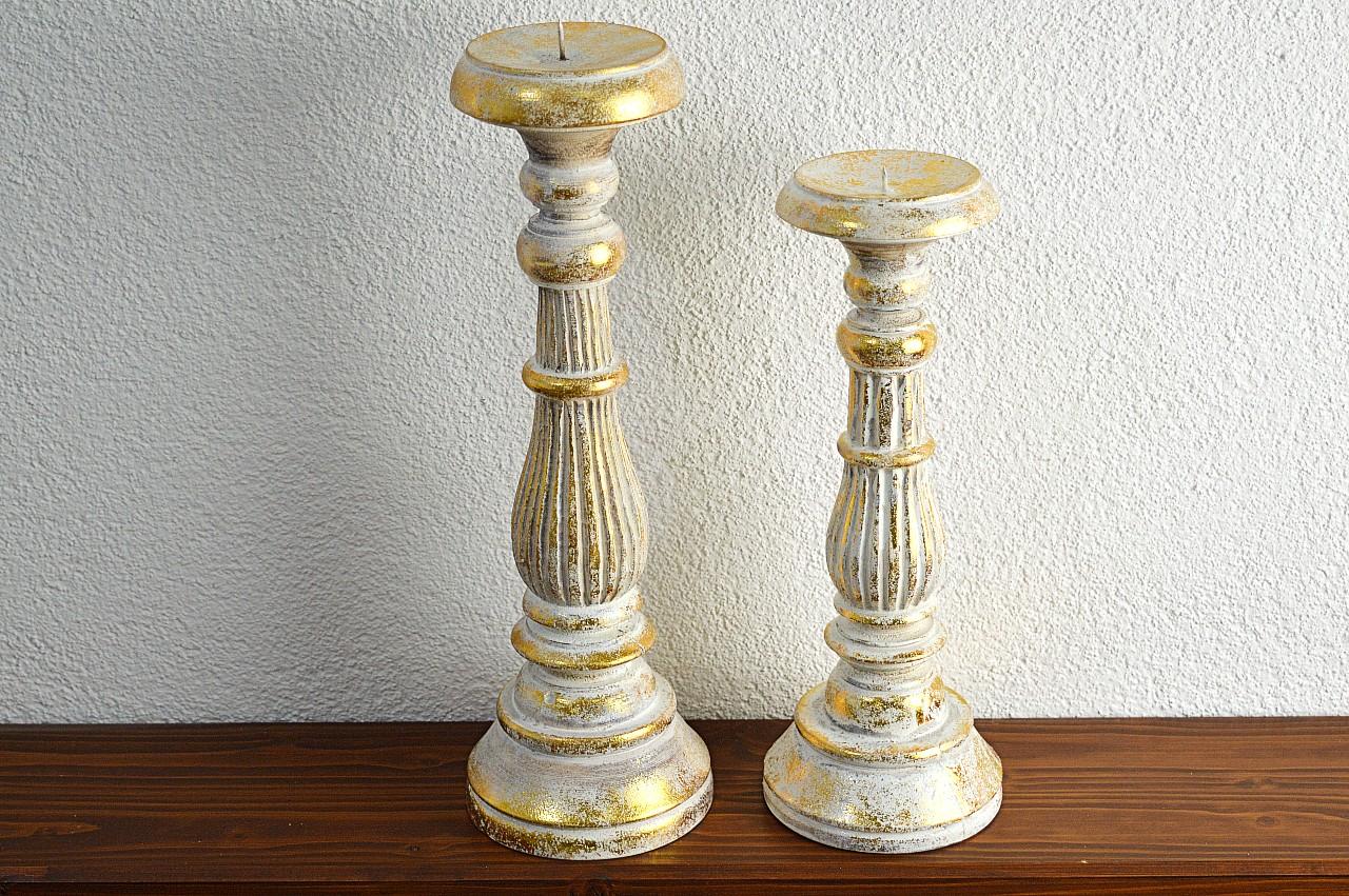 Bielo-Zlatý Vintage Svietnik z dreva Albesia  - Veľkosti - 30/35cm