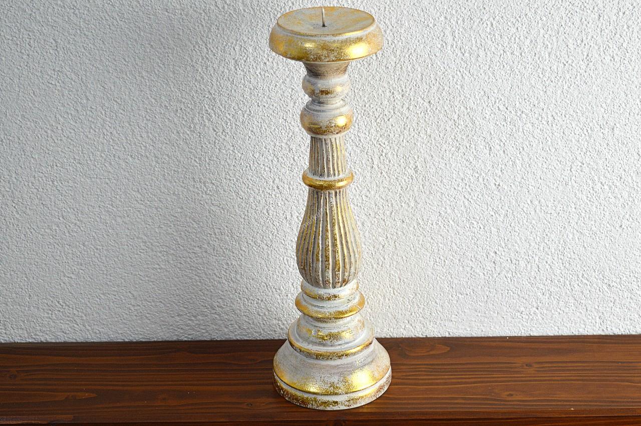 Bielo-Zlatý Vintage Svietnik z dreva Albesia  - Veľkosti - 30/35cm – Obrázok 3