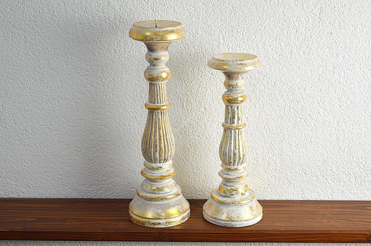 Bielo-Zlatý Vintage Svietnik z dreva Albesia  - Veľkosti - 30/35cm – Obrázok 2