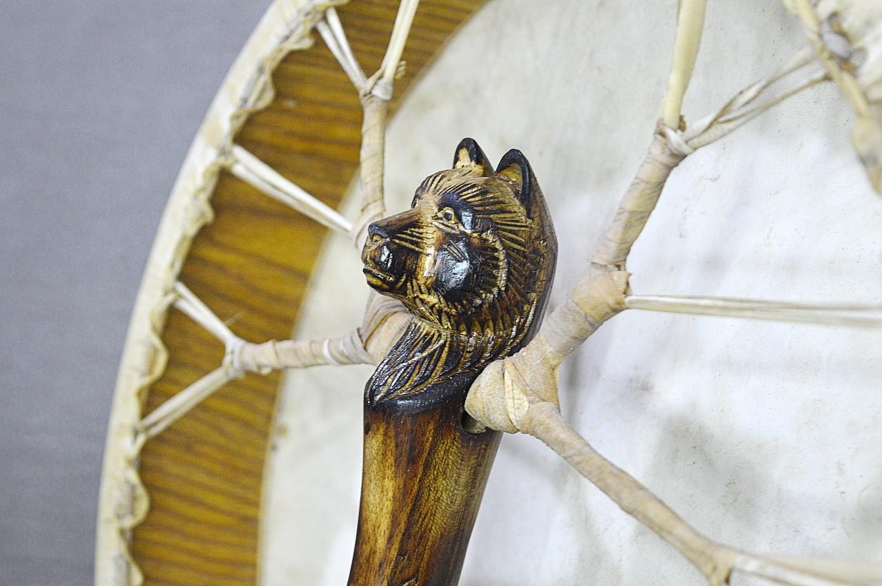 Šamanský BUBON DUCH MEDVEĎA - 40 cm- Kozia Koža, Akáciové Drevo - Laditeľný – Obrázok 2