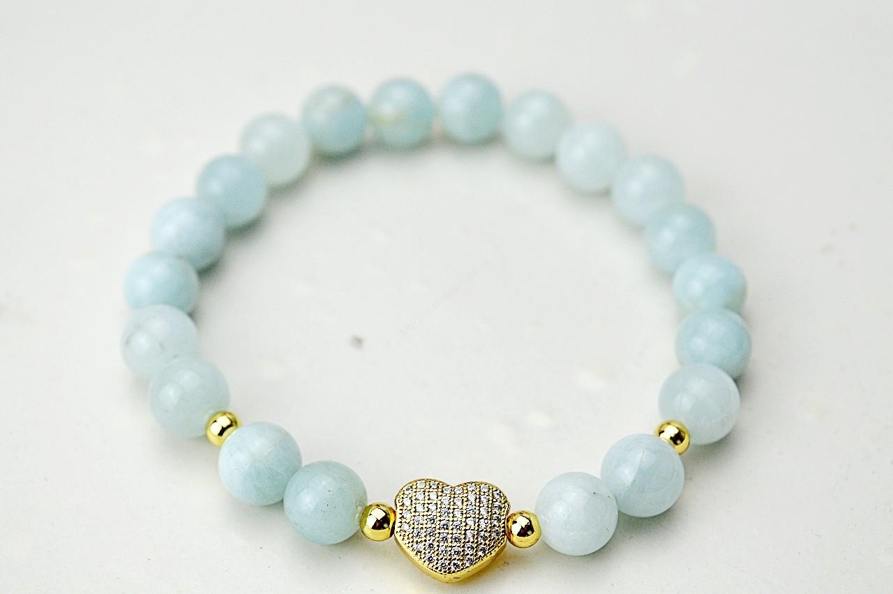 Náramok AKVAMARÍN so srdiečkom - Energetický štít Aury, Upokojenie, Komunikácia, Uvoľnenie starých vzorcov
