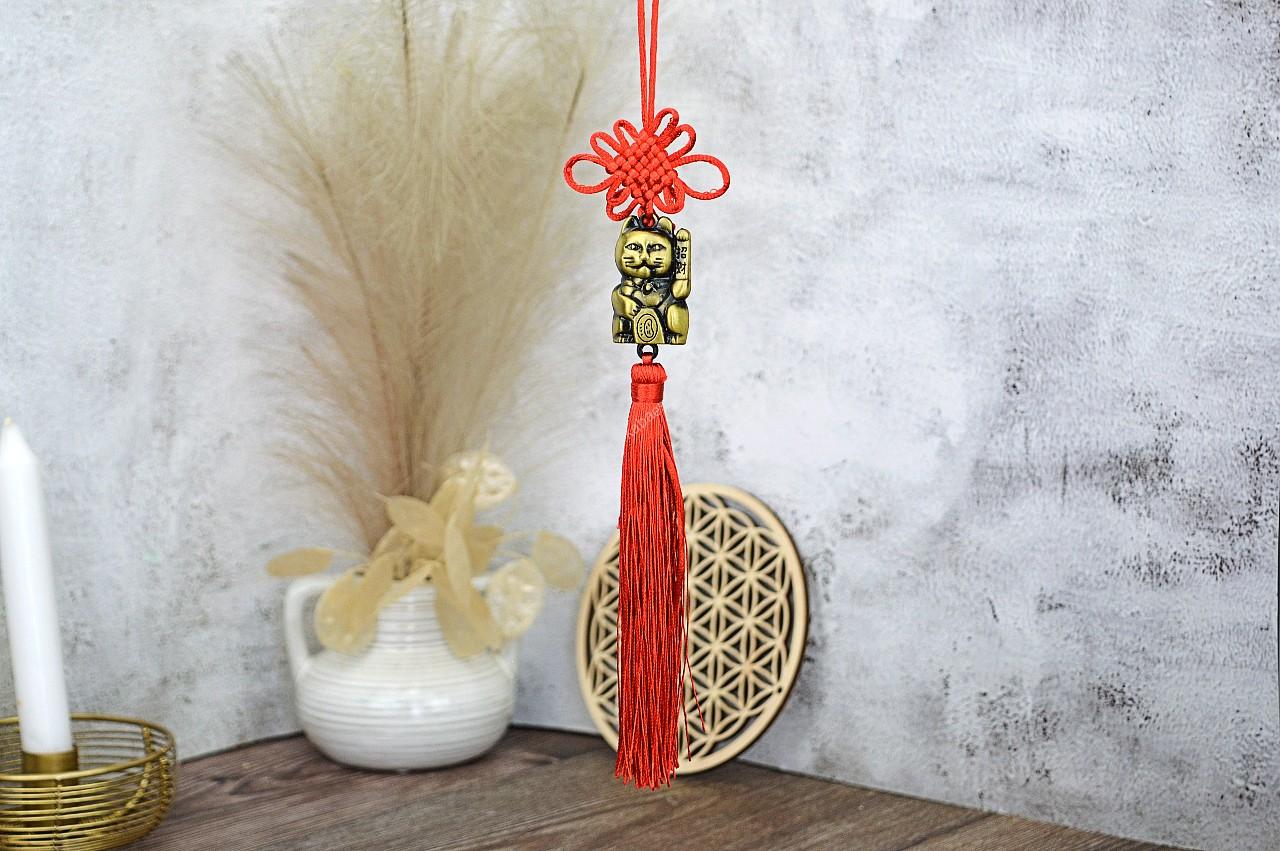 FENG SHUI Ochranný Talizman Finančného Úspechu s mačkou Maneki-neko a nekonečným uzlom